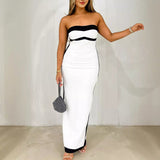 Women's Striped Splicing Bra Casual Sexy Bag Hip Dress Long Dress