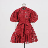 Round-Neck Dress 2025 New T-Bubble Sleeve Single-Button Vacation Leisure Belt With Sling Dress