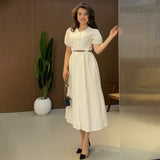 Solid-Color V-Neck Short-Sleeved Multi-Button Belt Casual Dress In Autumn 2025