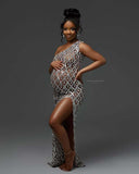 Summer Luxury Hot Diamond Pregnant Women Photo Dress Oblique Shoulder Slit Drill Pregnant Woman Photography Dress Maternity