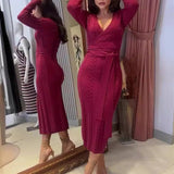 Women's Autumn V-Neck Long Sleeve Knitted High Waisted Tice With A Tinged Dress