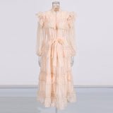 Dream Collar Wood Ear Folding Single Row Buckle Dress 2025 New Women's Summer Long Sleeves Pure Color Dress Dress Girl