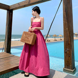 Holiday Summer French Rose Red Sling Corset Dress High-End Waist Big Skirt Beach Dress