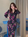 New Retro Print V-Neck Long Sleeves Open Waist Dress Female Summer Temperament Thin Dress