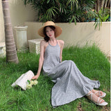 Retro Hanging Neck Stripe Sling Dress Women Summer Sexy Bare Back Strap Long Skirt Loose A Word Skirt