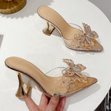 Fashion Pointed Shallow Side Empty Toe Transparent Water Drill Bow Glass And Sandals Woman High Quality Shoes