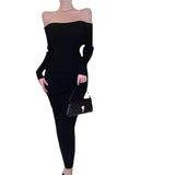 Big Show Back Black Brooch Knitted Dress High-End Famous Temperament Pure Shoulder Dress Dress