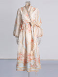 Literary And Art Vintage Dress 2025 Summer New V-Neck Print Lantern Sleeve High-Waisted Dress Woman
