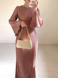 Women's Clothing Autumn 2024 New Long Dress Temperament Folding Horn Sleeve Mid-Long Dress