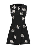 Elegant Wind Vest Dress 2025 Summer New Round Neck Nail Diamond Flowers Solid Color Short Dress Dress Woman