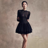 2025 Black Rolled Long Sleeve Dress Women's Puff