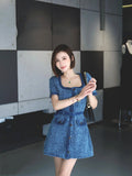 Famous And Niche Design Square Dress 2024 Summer Temperament Beautiful Denim Blue Coarse Flower Dress