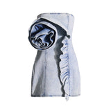 Sexy Hottie Wind 2025 Spring New Lotus Leaf Side Splicing Three-Dimensional Flowers Braided Denim Dress Woman