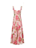 Summer Designer Tide Brand NA Rose Print Retro Goddess Slinging Low-Breasted Holiday Style Dress