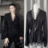 Sanguan Black V-Neck Long-Sleeved Lace Shirt Female New High-End Temperament Retro Bottoming Top
