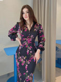 New Retro Print V-Neck Long Sleeves Open Waist Dress Female Summer Temperament Thin Dress