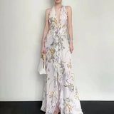 Sleeveless V-Necked Neck Dress With Wooden Ears Exposed Back Long Dress Beach Beach Seaside Holiday Dress