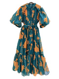 And Leisure Holiday Dress 2025 Summer New Loose Print Bubble Sleeve Tie Waist Dress