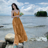 Sanya Beach Dress Women's Slings Ribbons With Back V-Neck Dress Temperament High-Rise Lanky Skirt