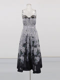 Sling Skirt Crumm Flower Ink High-End Long Dress 2025 New Tice With Waist Lotus Leaf Swing Dress Women's Summer
