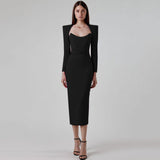 New Spring And Autumn Temperament Banded Skirt Square Horn Cushion Shoulder Long Sleeve Elastic Body Elegant Dress