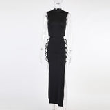 Knitted Strap Open Dress Women Women's Summer Black Sexy Dew Temperament Long Dress DJPT