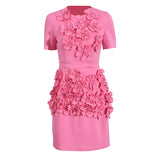 Retro Sexy Bag Hip Dress 2025 Summer New Round Three-Dimensional Flower Decoration Splicing Dress Woman