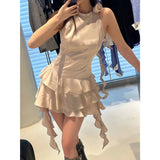 New Sexy Lotus Side Flowers Hanging Neck Skirt Atmosphere Feel Flowing Sleeveless Short Dress