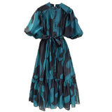 Style Dress 2025 Summer New Retro Printing And Dye Single Buckle Bubble Sleeve Fashion Casual Dress