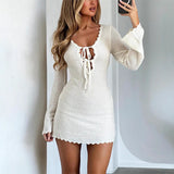 Women's New Knitted Tying Dress With Long Sleeves And Hip Mini Skirt HZ0628
