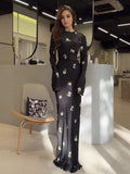 Fashion Summer Long Sleeve Fashion Round-Neck Ice Silk Breathable Flower Print Lady Dress