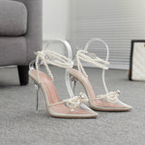 High Heels 2025 Spring Tip Sweet Bow Summer Water Drill Transparent Women's Pearl Sandals High Quality Shoes