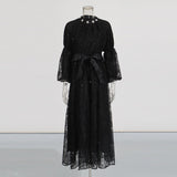 Retro Wind Collared Diamond Splicing Dress 2025 New Women's Summer Lace Yarn Dress