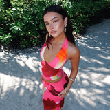 Hanging Neck Print Umbilled Blouse 2025 Summer New Tight-Up Bag Hip Skirt Suit Woman DJPT