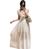 Embroidered V-Necked White Dress