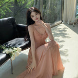 And Sexy Hanging Neck Sling Dress Summer Temperament High-End Seaside Holiday Dress Waist 100 Folded Skirt