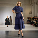 Lace Embroidery Set 2025 Spring New Collar Short-Sleeved Shirt High-Waist Long Dress Solid Color Woman