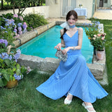 Sense Irregular Splicing Folds A Long Dress Summer French Waist Big Skirt V Tie Hanging Dress Woman