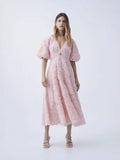 2025 Spring New V-Neck Bubble Sleeve Hollow Solid Color Dress Dress Woman