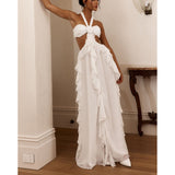 Women's New Hanging Neck Open Shoulder Lotus Leaves Side Solid Color Dress HZ0628