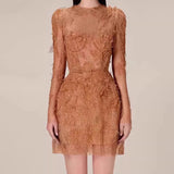 And Summer Lace Dress Long-Sleeved Three-Dimensional Petals Curry Short Skirt