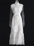 Retro Niche Design 2025 Summer Collar Sleeveless Hollow Perspective Design Solid Color Long Dress Dress Women's