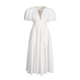 Retro Elegant Style Dress 2025 Summer New V-Neck Bubble Sleeve Folded Lotus Leaves Side Waist Dress Dress Woman