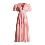 Retro Elegant Style Dress 2025 Summer New V-Neck Bubble Sleeve Folded Lotus Leaves Side Waist Dress Dress Woman