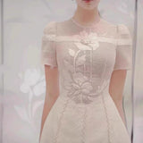 2025 Three-Dimensional Flower Embroidered Hollow Dress Round Collar Short-Sleeved Relief Dress