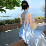 Luxury Small Loose Blue Hanging Neck Morning Robe Three-Dimensional Flower Beach Dress Dress Bridal Dress Female