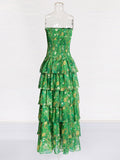 Pastoral Chiffon Dress 2025 Summer New Green Print Chest Lotus Leaf Folding Dress Dress Woman
