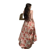 Seaside Holiday Chiffon Crumped Flower Dress Bare Back Empty Strap High Waist Open Large Swing Dress Girl
