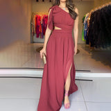 Summer Slanted Shoulder Sexy Dress High Waist-Rise Open Fork Dress