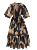 Style Dress 2025 Summer New Retro Printing And Dye Single Buckle Bubble Sleeve Fashion Casual Dress